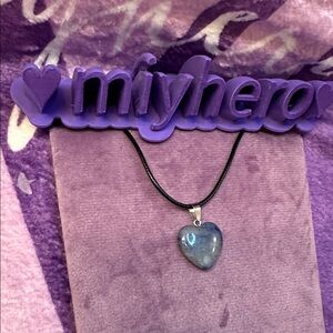 Blue Pearl Polished Stone Crystal Heart Pendant with Faux Leather Necklace